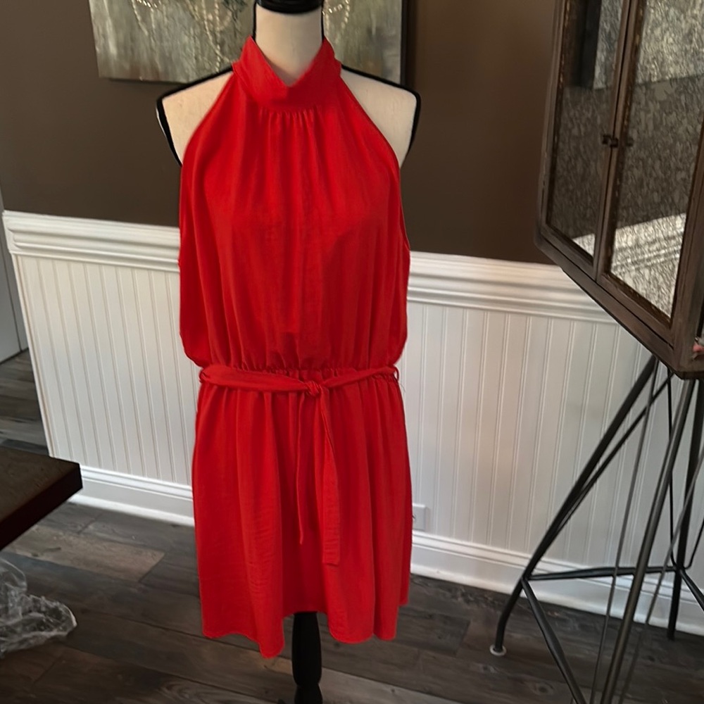 NWOT Perfectly Priscilla Orange Pleated Smocked Halter Mini Dress
